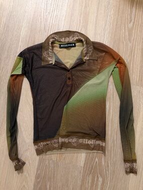 Ottolinger Women's Long-Sleeve Sheer Button-Down Top in Olive Multi